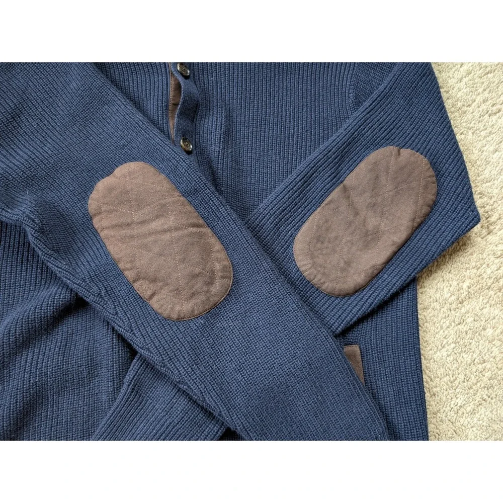 Peter Millar Button Down Wool Sweater Mens Large‎ Navy Elbow Patches Blue Knit